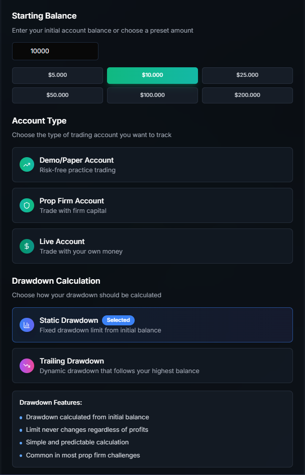 Account type selection showing Demo, Prop Firm, and Live accounts with advanced drawdown calculation options